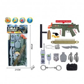 Полицейский набор 2020-118 (96/2) 15 элементов, автомат с вибрацией на батарейках с подсветкой дула и звуками, дубинка, наручники, аксессуары,в кульке